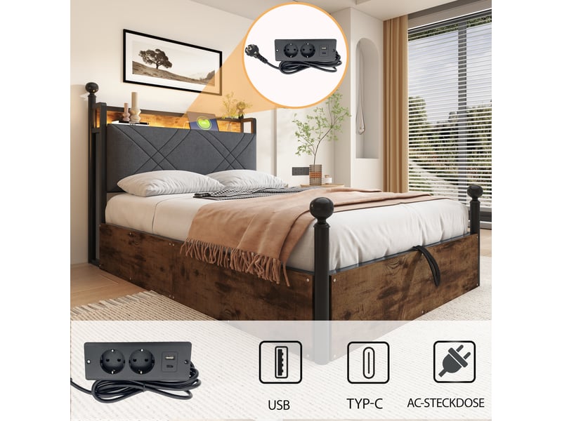  Lit baldaquin 90x190 cm métal noir avec tiroirs, led et usb-c – rangement intégré  - Conforama E
