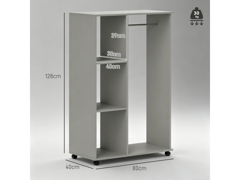  Armoire, meuble de rangement mobile à 4 roulettes, tringle et étagères ouvertes, gris  - Conforama E