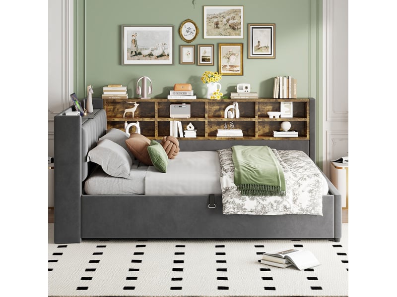  Lit coffre double 140x200 cm avec rangement, usb et type-c gris foncé  - Conforama D