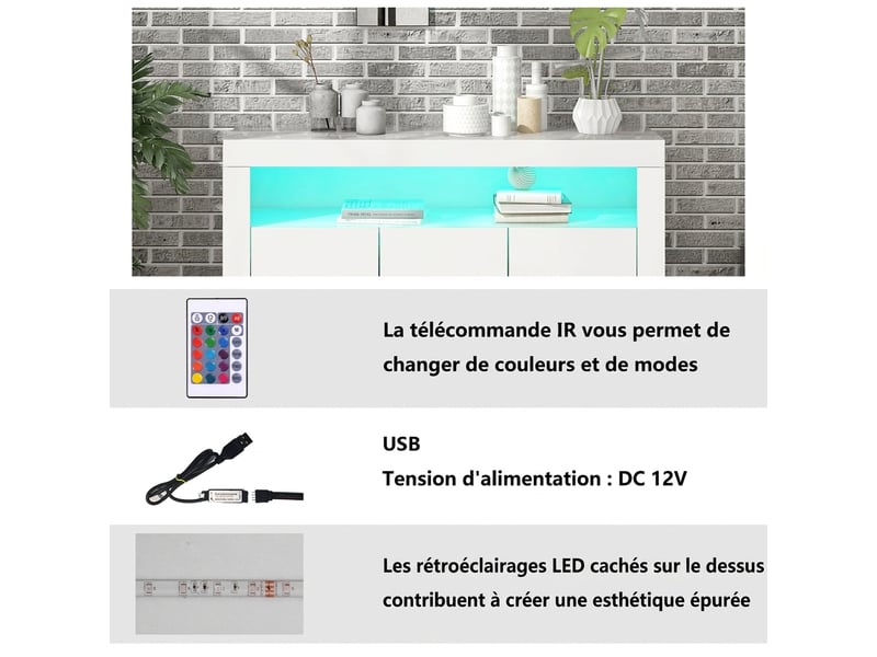  Buffet blanc laqué avec led meuble de rangement 3 portes 130x35x95 cm  - Conforama W