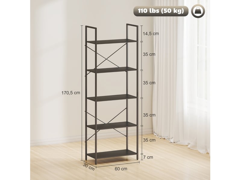  Étagère de bibliothèque avec 5 étagères, regalet industriel avec cadre métallique, rayonnage ouvert pour salon, bureau et chambre de travail, 60x30x170,5 cm, noir  - Conforama E
