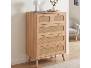 Commode avec 5 tiroirs, 60x34x91cm, meuble de rangement, en bois et métal, façades en rotin, style naturel, couleur bois