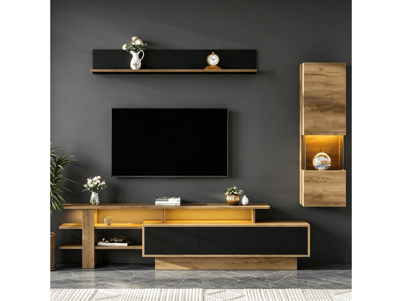  Meuble de salon led ensemble 3 pièces mur meuble frontal vitrine étagère murale suspendue 3 tiroirs couleurs noir et bois naturel  - Conforama A