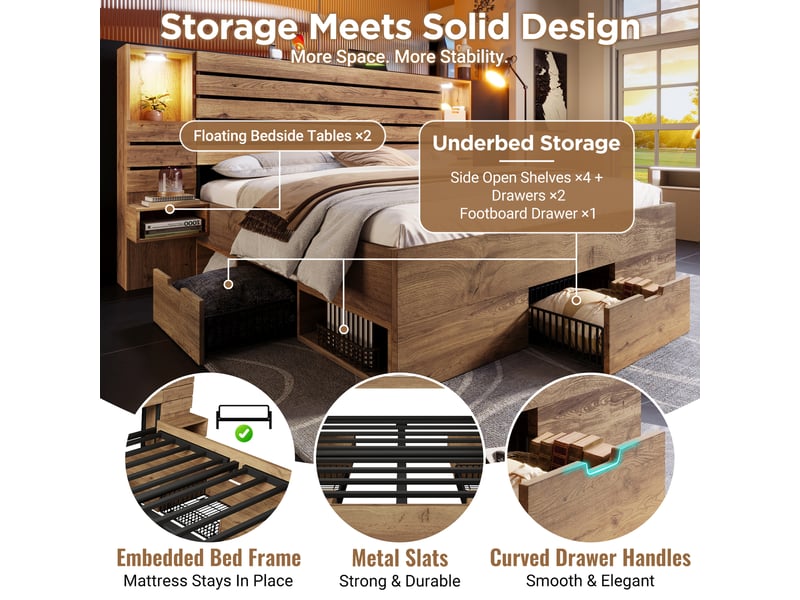 Lit double avec rangements 160x200 cm, 2 tables de chevet suspendues, 3 tiroirs, niche éclairée, spots led tactiles, usb et usb-c, décor chêne - Conforama D