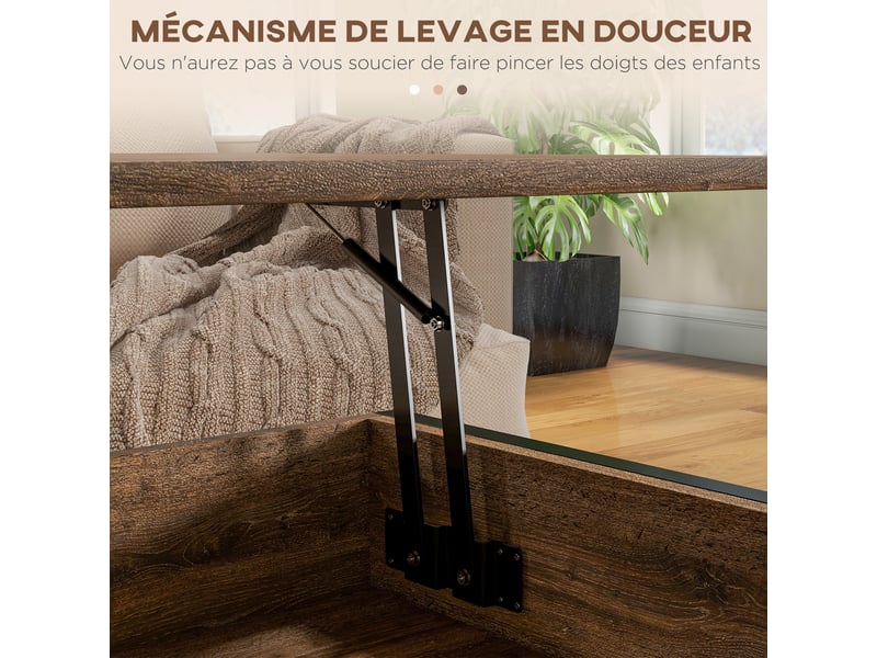  Table basse relevable table de salon compartiment caché 2 étagères inférieures 100 x 80 x 60 cm noir marron rustique  - Conforama W