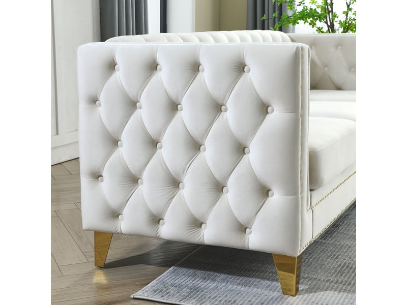  Canapé moderne - canapé en velours de style chelsfield, avec pieds dorés, boutons capitonnés, pour salon, beige, réf. W3349s00170  - Conforama W