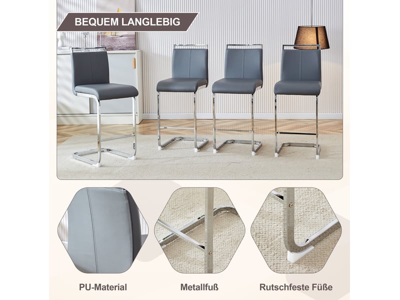 Tabouret de bar lot de 2 avec repose-pieds et structure stable en pu gris foncé et métal argenté - Conforama E