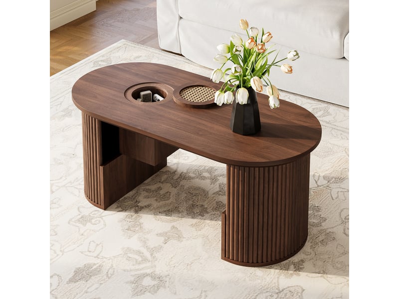  Table basse ovale 105x50x46,5 cm, style vintage, texture verticale, niches ouvertes, structure mdf pour salon et séjour - noyer  - Conforama B
