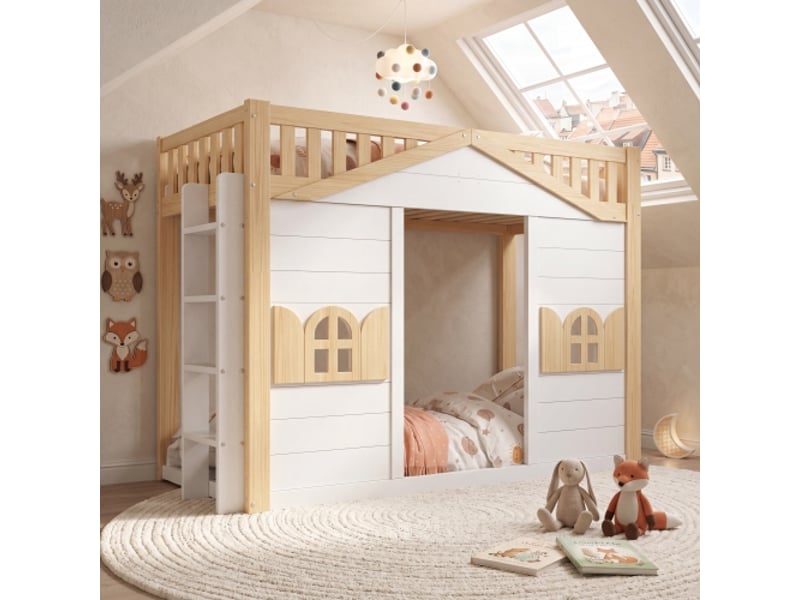  Lit mezzanine enfant 90x200 - maison forme fenêtre, bois blanc et naturel, 2 en 1 avec espace activité dessous  - Conforama E