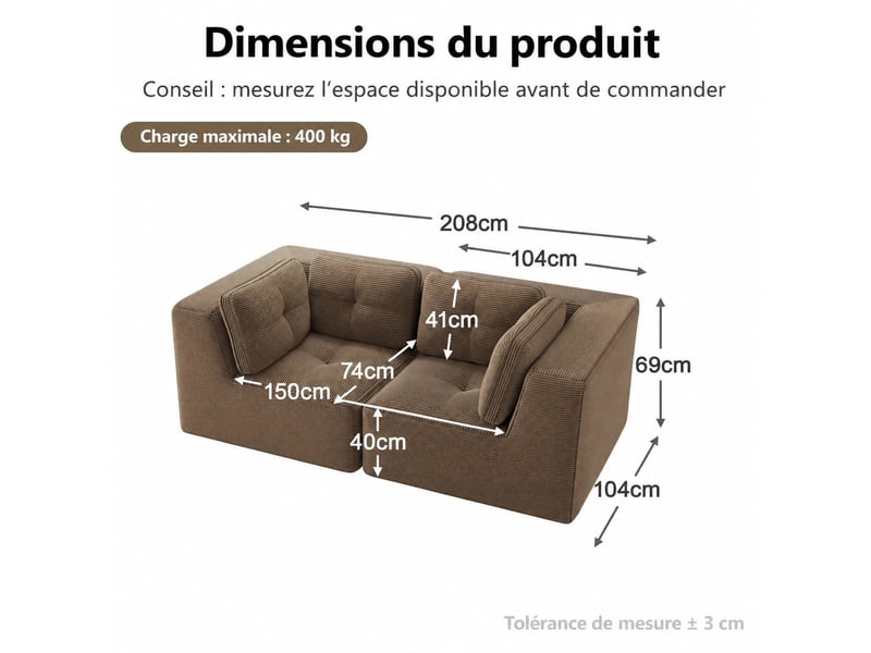  Canapé modulable 2 places au format compact, velours côtelé moelleux, salon ou chambre, 69 × 208 × 104 cm, marron  - Conforama C