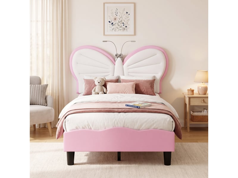  Lit enfant 90x200 cm, lit simple rembourré avec tête de lit papillon réglable et led, lit princesse en rose  - Conforama B