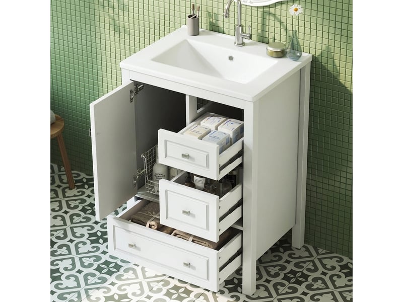 Meuble salle de bain sur pied 62 cm avec vasque céramique blanc 3 tiroirs 1 porte - Conforama C