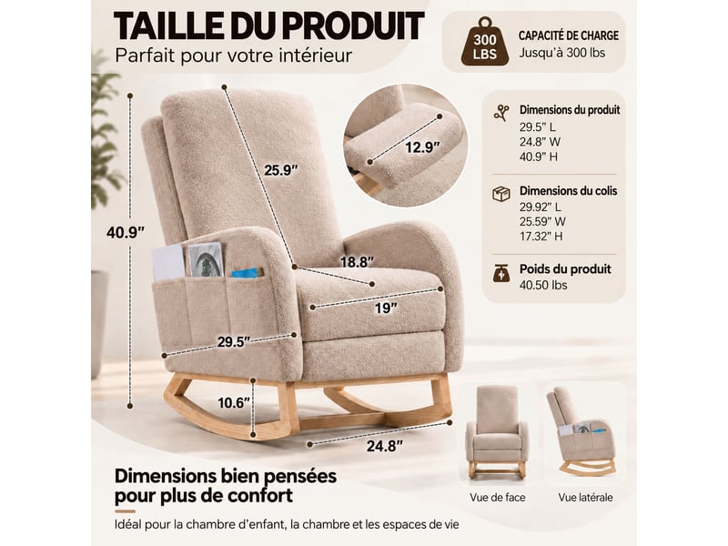  Fauteuil à bascule avec repose‑pieds, fauteuil d’allaitement en tissu teddy beige, dossier haut ergonomique, poche latérale, chaise relax pour salon, chambre et espace bébé  - Conforama D