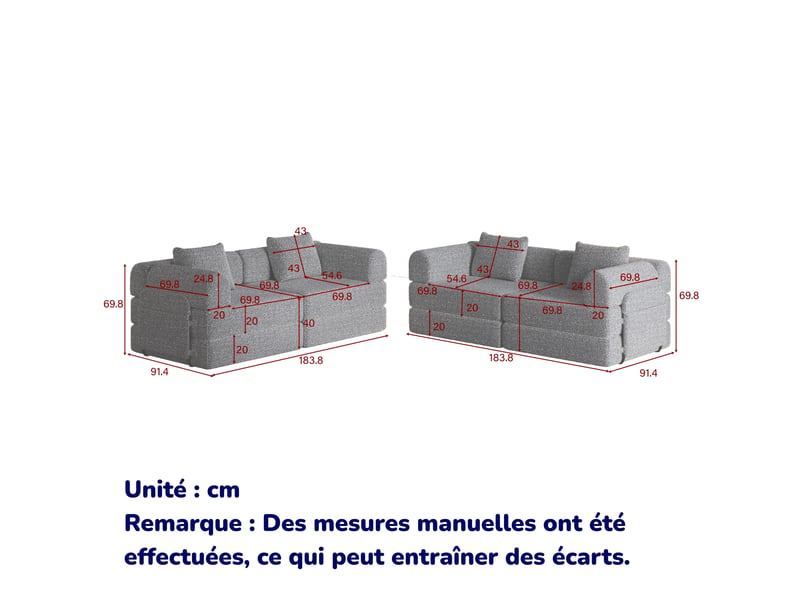 Canapé convertible 2-en-1 en chenille avec rangement d’accoudoir, 3 cadres métalliques et configurations modulables Fay Lum - Conforama C