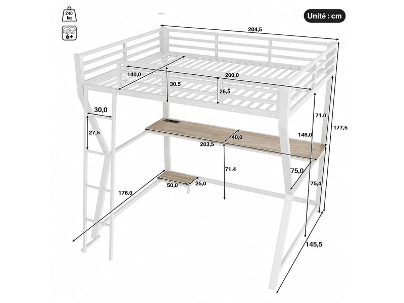  Lit mezzanine 140x200 cm avec bureau et éclairage led, structure en métal et mdf  - Conforama C