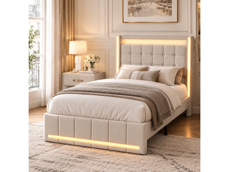 Lit 90x200 cm avec led,usb et 2 tiroirs, lit simple en lin beige, sommier à lattes inclus, lit enfant adolescent moderne - Conforama B