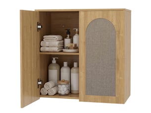 Armoire murale de salle de bain bohème avec 2 portes effet rotin à fermeture douce et étagère réglable, chêne
