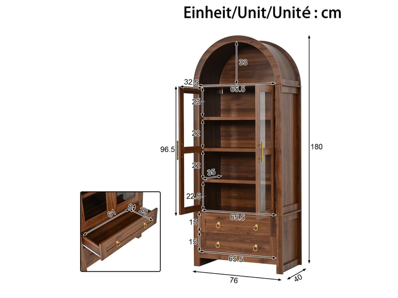  Vitrine haute 76 x 40 x 180 cm, 2 portes vitrées, 2 tiroirs, led, design arqué rétro, meuble de rangement pour salon, noyer ABC - Conforama C