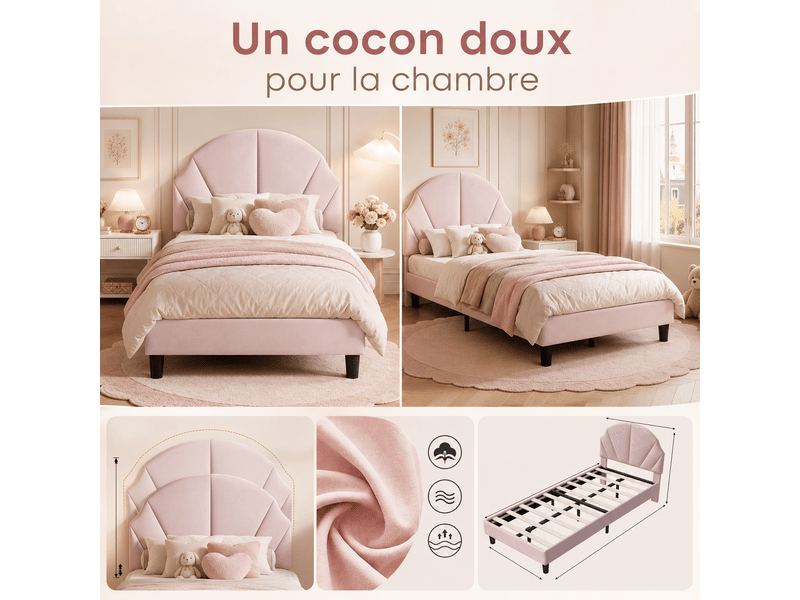  Lit simple enfant 90x200 cm - lit rembourré - tête de lit réglable - 1 personne - lit plat - lit fille 90x200cm en velours - lit rembourre avec sommier à lattes en bois - tête de lit réglable en hauteur - cadre de lit enfant - e…  - Conforama E