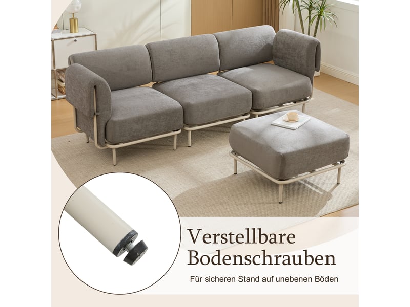 Canapé d'angle modulable 3 places en tissu chenille gris, avec pouf, 251×155×78 cm, design nordique - Conforama E