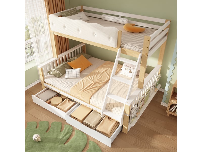  Lit superposé enfant 90x200 et 140x200 cm blanc et chêne en bois, 2 tiroirs et porte-revues latéral  - Conforama B