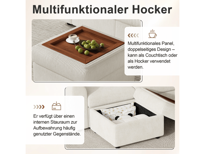 Canapé d'angle convertible 6 places en velours côtelé beige, avec pouf à rangement, 282×153×85 cm, mousse haute densité - Conforama D