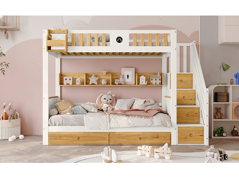 Lit superposé 90x200 cm, escalier avec 4 rangements, 2 tiroirs, étagères et tableau, pin et mdf,blanc et naturel - Conforama B