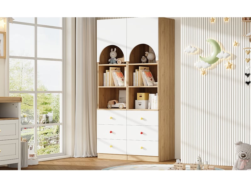  Lot de 2 bibliothèques hautes blanches et bois clair avec 3 tiroirs, 3 étagères et portes arquées pour enfant  - Conforama D