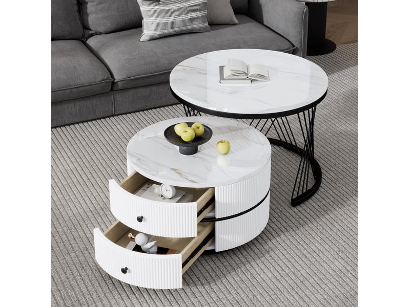  Tables basses gigognes ulevr rondes 60 x 46 et 50 x 31 cm, 2 tiroirs, plateaux mdf effet marbre blanc brillant  - Conforama B