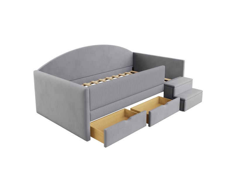 Lit enfant 90x190 cm gris clair en velours avec 2 tiroirs, marches antidérapantes et barrière - Conforama R