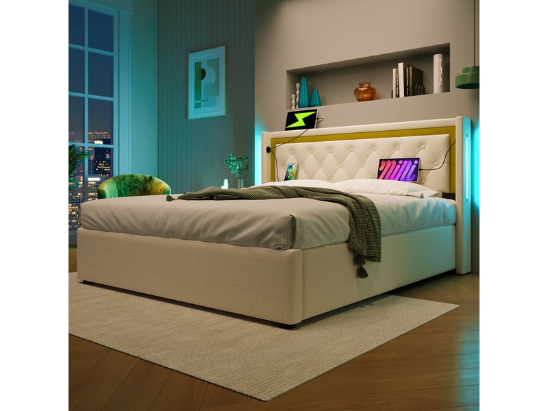  Lit coffre coton 140x200 cm avec led, usb-c, tête lumineuse et rangement pratique  - Conforama B