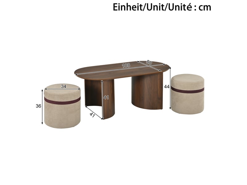  Table basse ovale avec 2 tabourets rembourrés, format compact pour salon, en mdf et pin, noyer, 108 × 50 × 44 cm  - Conforama D