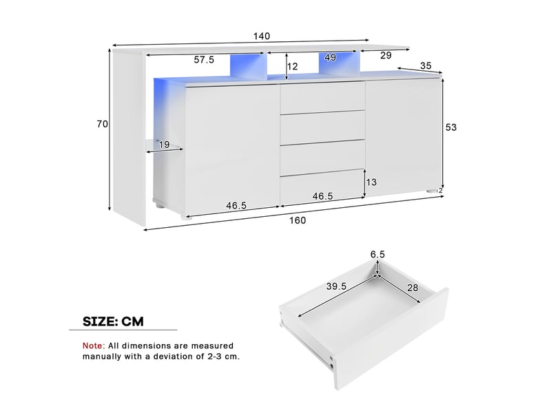 Buffet bas led blanc – 160 x 35 x 70 cm – 2 portes, 4 tiroirs et compartiment vitré - Conforama D
