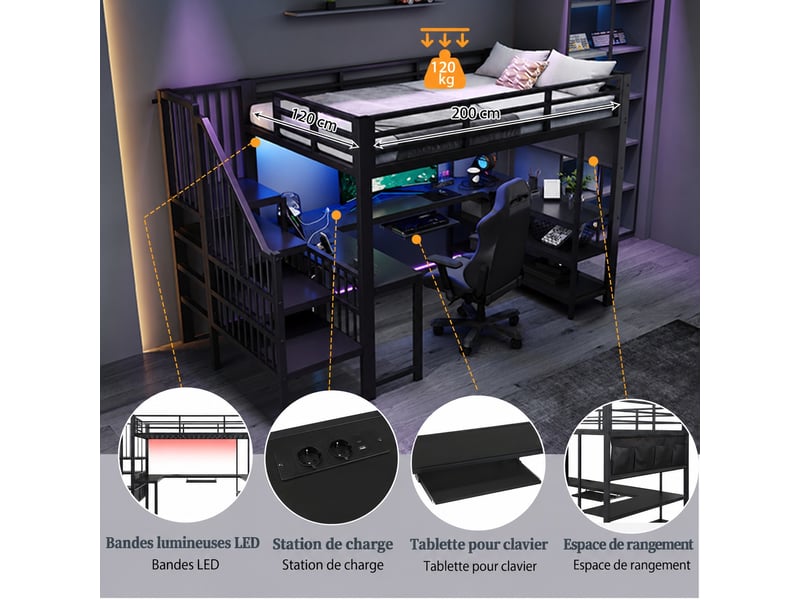  Lit mezzanine gaming 120 x 200 cm avec bureau en u, tablette clavier, prise eu, étagères et éclairage led, métal noir  - Conforama D
