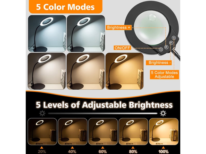 Lampe loupe led avec pied et base, grossissement 10x15x, 5 modes de couleur, intensité réglable en continu  - Conforama C
