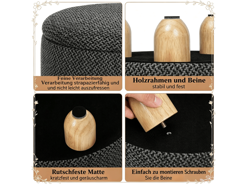 Pouf de rangement rond 39 x 39 x 33 cm gris foncé, en lin et mdf, avec couvercle réversible en bois  - Conforama E
