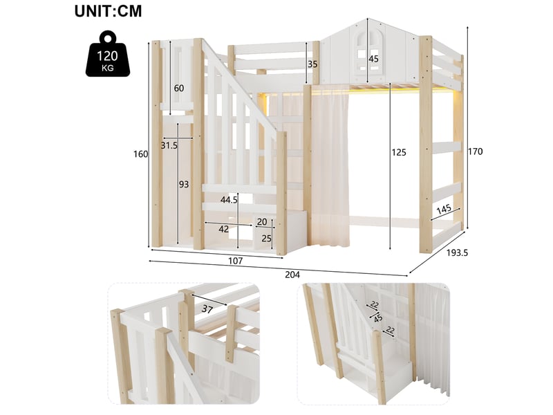  Lit mezzanine enfant 140x200 cm, avec lit simple, sommier, rangement, led, bois et mdf, blanc et naturel, sans matelas  - Conforama C