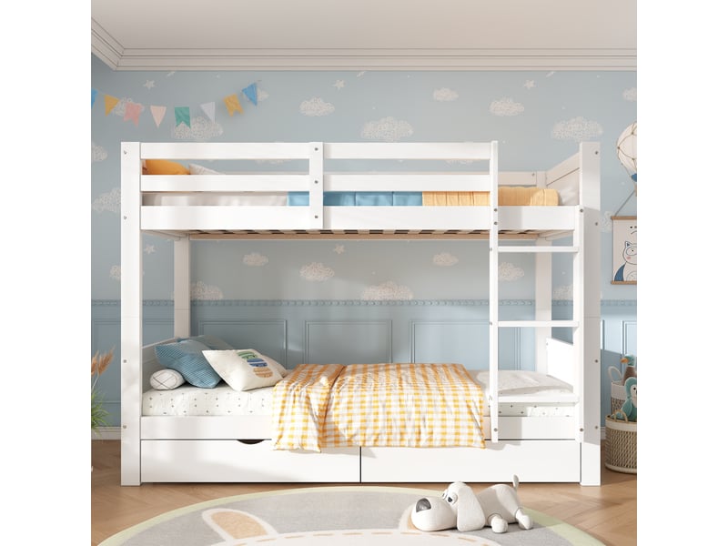 Lit superposé enfant 90x200 cm - avec 2 tiroirs - avec échelle - peut être séparé en deux lits simples - bois massif + mdf - blanc (sans matelas) - Conforama E