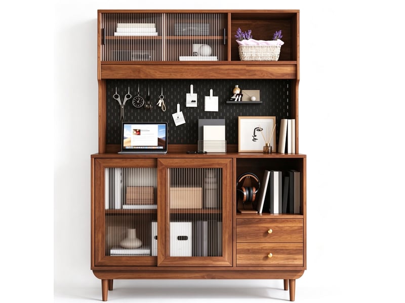 Buffet cuisine 4 portes coulissantes et 2 tiroirs, 117 x 30 x 170 cm, panneau perforé, niches ouvertes et pieds surélevés, mdf, couleur noyer Morn Vibe - Conforama A
