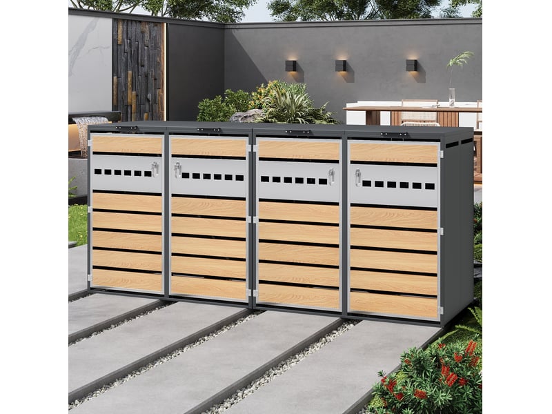  Abri pour bacs à déchets quatre compartiments verrouillables en métal gris et effet bois  - Conforama C
