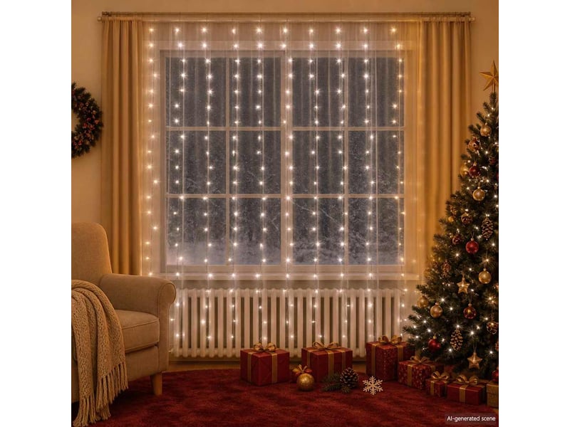  Rideaux lumineux à led 3x3 m 300 led blanc froid 8 fonctions cf44500  - Conforama B