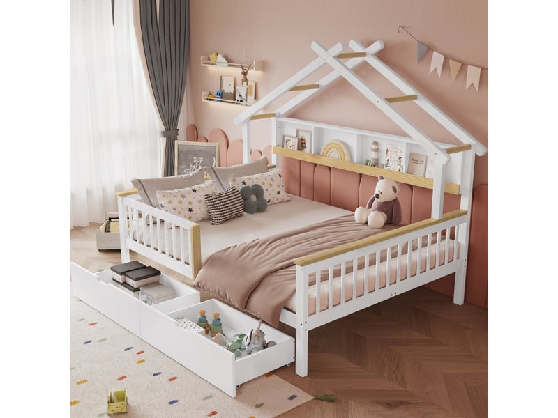  Lit cabane enfant 200×140 cm avec 2 tiroirs sur roulettes et barrières de protection, sans matelas, blanc et bois naturel  - Conforama C