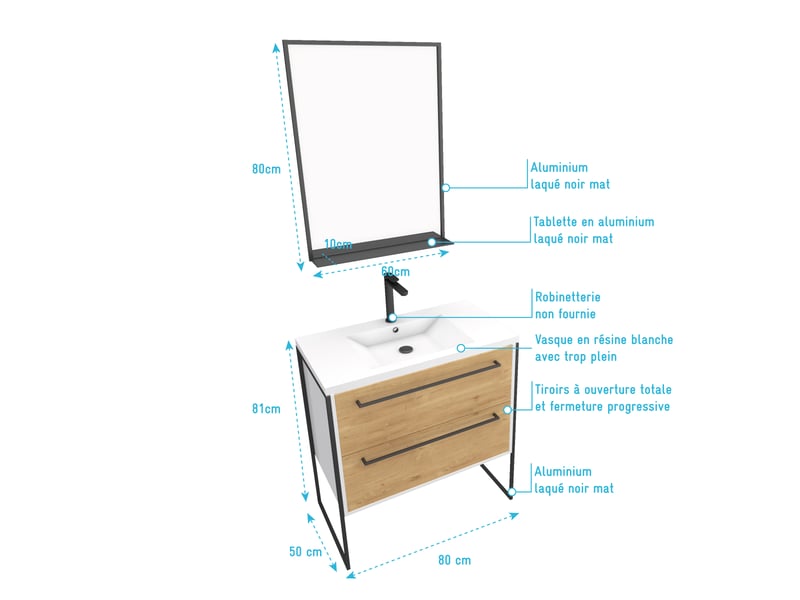  Pack meuble de salle de bain 80x50cm blanc - 2 tiroirs blanc - vasque blanche + miroir noir mat  - Conforama C