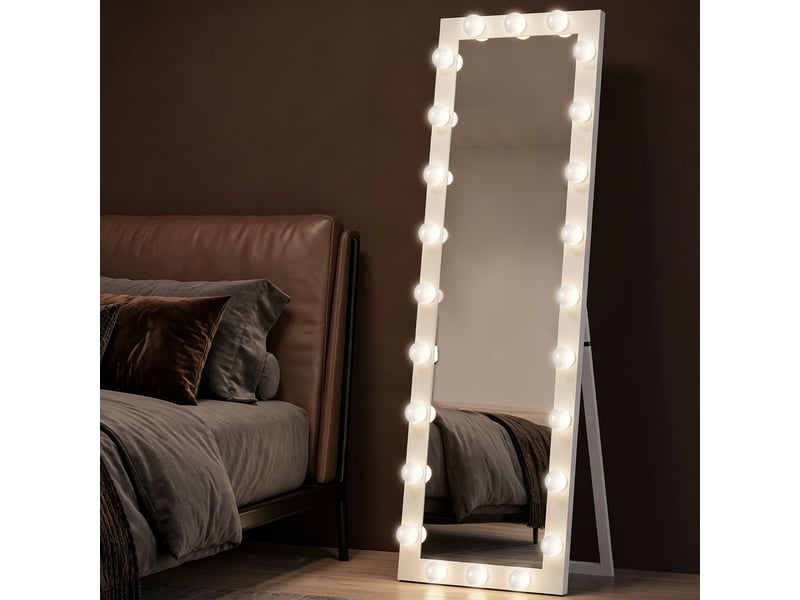  Miroir sur pied 150 x 40 cm, miroir led avec 24 ampoules, 3 couleurs de lumière, à poser ou à incliner, blanc  - Conforama C