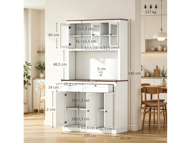 Buffet de cuisine 100x40x180 cm avec placards et 2 tiroirs, blanc et finition chêne  - Conforama E