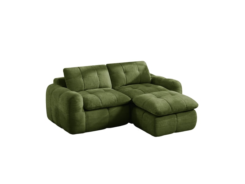 Canapé d'angle modulaire 2 places modenvie sans cadre avec 1 pouf ottoman, revêtement en chenille, vert, 194 x 160 x 68 cm - Conforama A