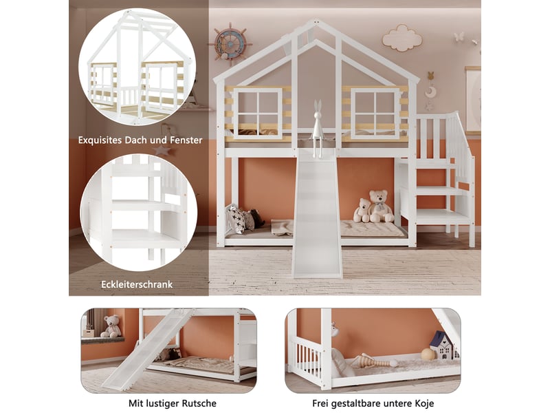  Lit cabane blanc 90x200 cm en bois massif, toboggan, échelle, toit à fenêtres et espace inférieur libre sans sommier  - Conforama E
