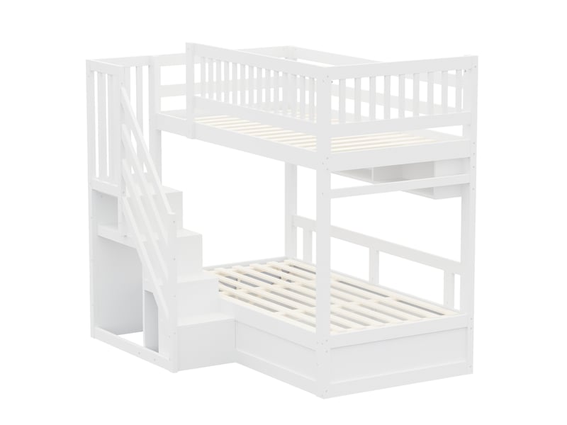  Lit mezzanine coffre 90 x 200 cm avec escalier de rangement, lit enfant coffre hydraulique, étagère, led, prises et barrières, en bois blanc  - Conforama D