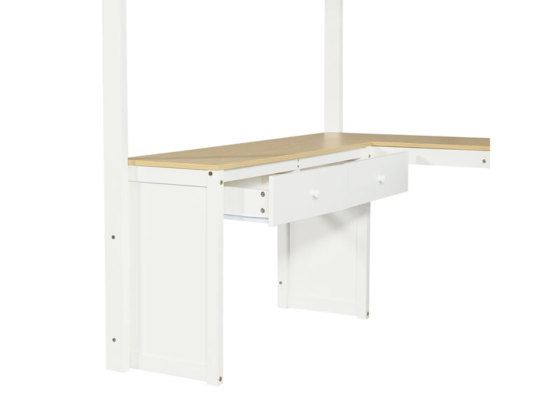  Lit mezzanine enfant 140x200 cm avec bureau en u et 2 tiroirs, bois et mdf, blanc naturel, sans matelas  - Conforama E