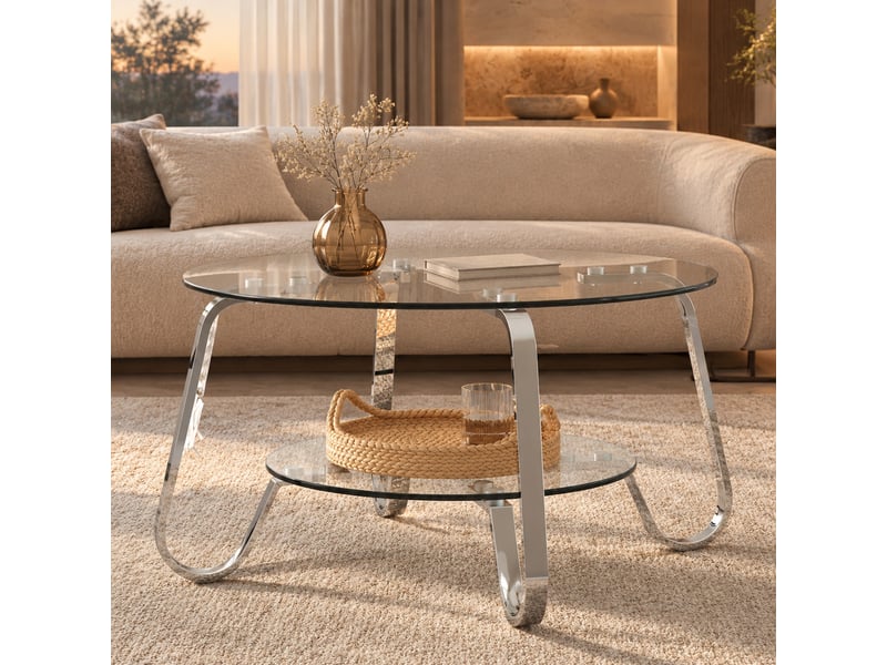  Table basse ronde à 2 niveaux 90.5x89.0x10.5 cm en métal et verre argenté  - Conforama C